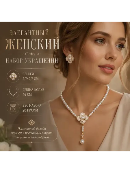 Нет бренда Колье и серьги комплект украшений жемчуг с цветком