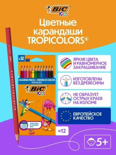 BIC Карандаши цветные пластиковые шестигранные 12 цветов