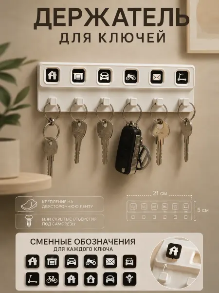 Ключница настенная без сверления, самоклеящаяся, 6