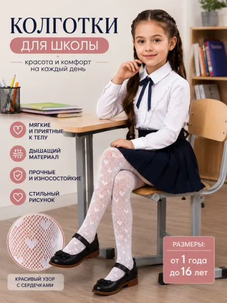 Колготки для девочек, белые колготки, чёрные колготки, школьные колготки