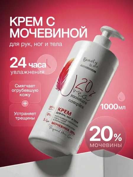 Beauty Wave Professional Крем для рук, ног и тела с мочевиной 20% увлажняющий, 1 литр