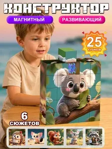 Магнитный конструктор пазл для детей 25 шт, 6 животных, развивающая игрушка