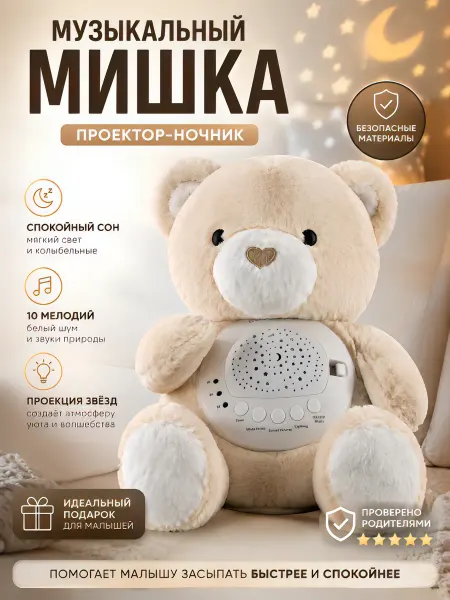 Мягкая игрушка ночник-проектор звездного неба белым шумом