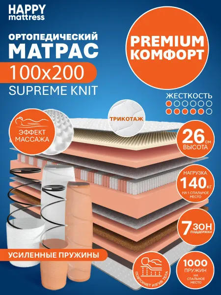 HAPPY MATTRESS Матрас HAPPY SUPREME KNIT 100х200 пружинный ортопедический