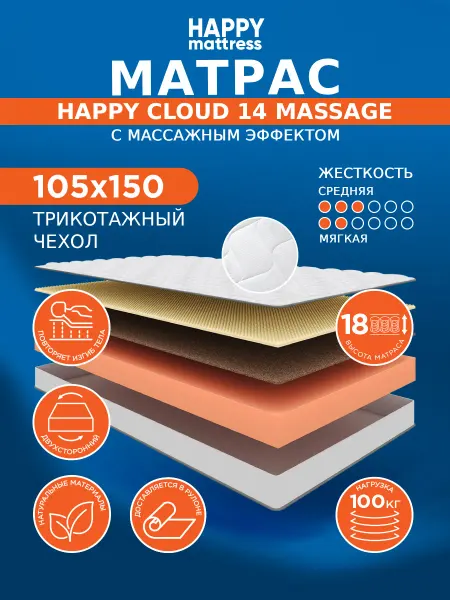 HAPPY MATTRESS Матрас HAPPY CLOUD 14 MASSAGE KNIT 105х150 см ортопедический