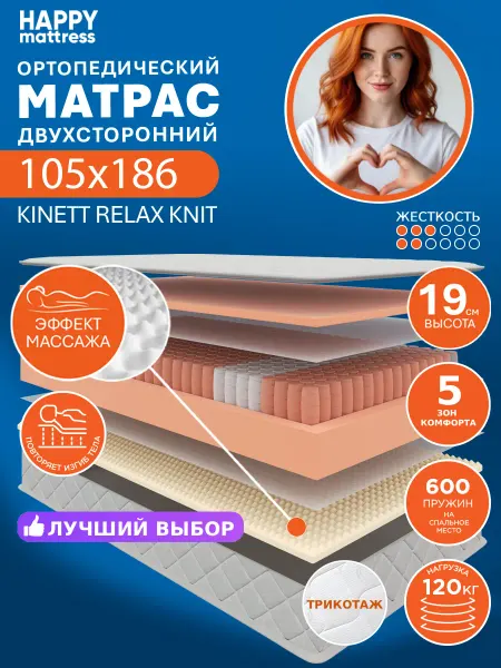 HAPPY MATTRESS Матрас KINETT RELAX KNIT 105х186 см пружинный ортопедический
