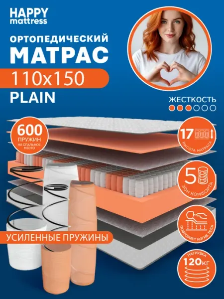HAPPY MATTRESS Матрас HAPPY PLAIN 110х150 см ортопедический пружинный