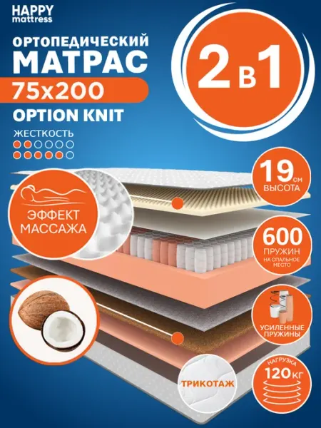 HAPPY MATTRESS Матрас HAPPY OPTION KNIT 75х200 см пружинный ортопедический