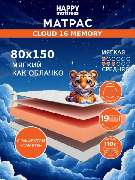HAPPY MATTRESS Матрас 80х150 см беспружинный ортопедический на кровать