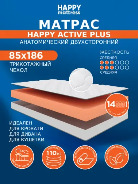 HAPPY MATTRESS Матрас HAPPY ACTIVE PLUS KNIT 85х186 см ортопедический