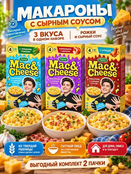 Foody Mac&Cheese Макароны Mac&Cheese 3 вкуса рожки с сыром 2 пачки обед