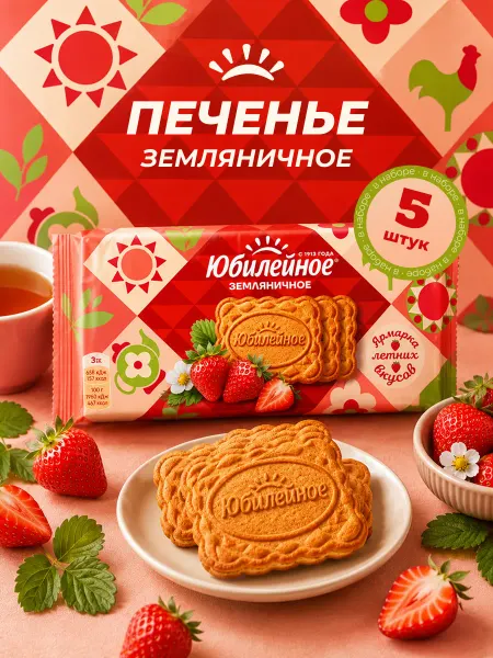 Юбилейное Печенье земляничное 5шт по 224г