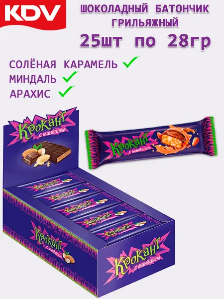 KDV Батончик Крокант с арахисом и дроблёным миндалем 25шт по 28г