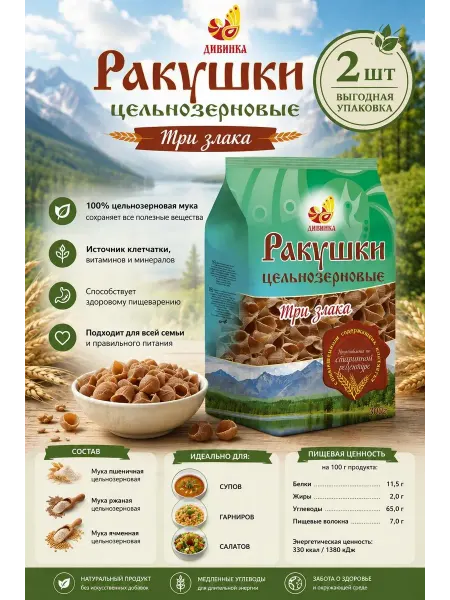 Эко Гармония Ракушки цельнозерновые " Три злака" 2шт.по 300г