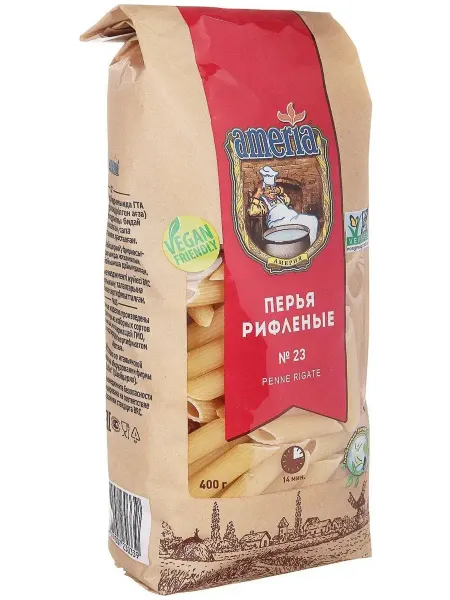 AMERIA Макаронные изделия №023 Перья рифленые 400г