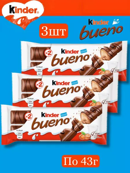 Kinder Батончик Bueno вафельный в молочном шоколаде 43г x3шт
