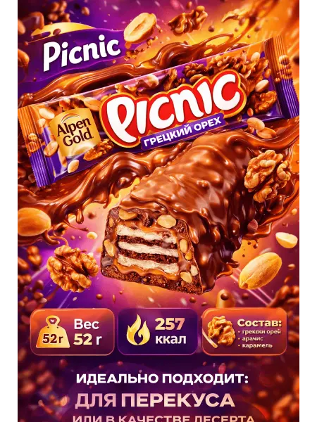 Picnic Шоколадный батончик с орехами 52г