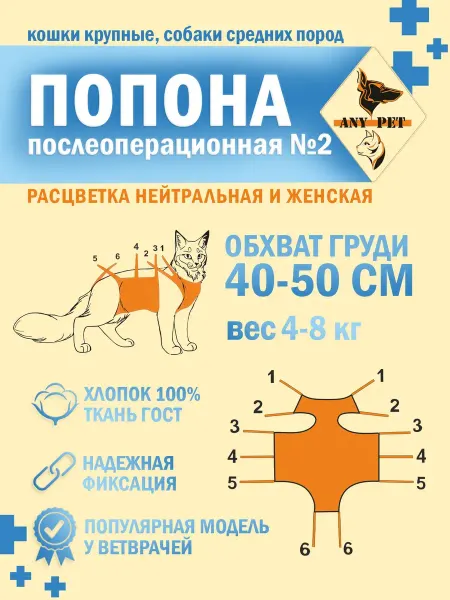 Popones Postoperative X Попона послеоперационная 2 К крупные кошки и сред. собаки