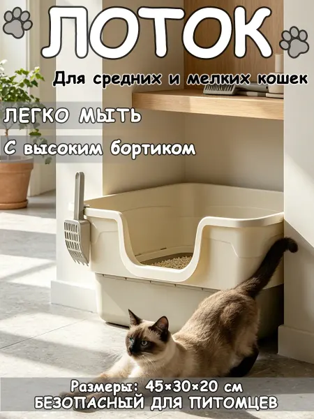 Высокобортный туалет для кошек без сетки размер 30×45