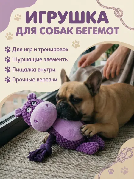 Мягкая игрушка для собак Бегемот с канатом, пищалкой