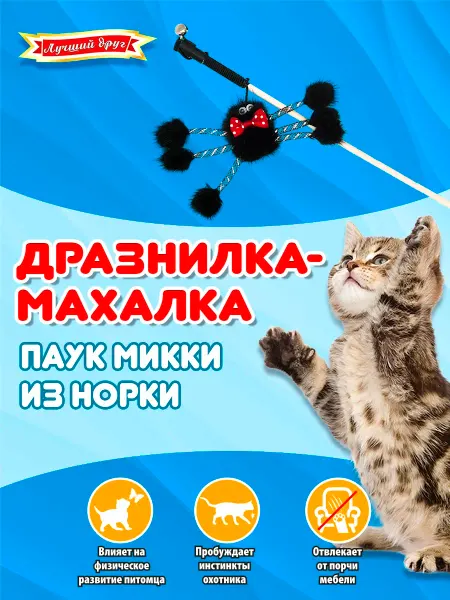 Лучший друг Махалка для кошек Паук микки из норки на веревке темный