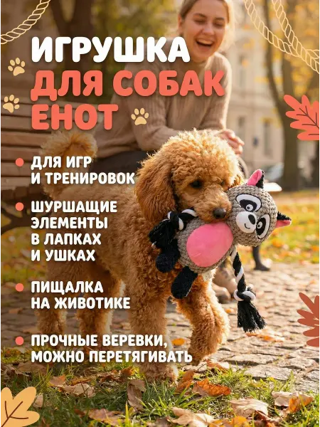 Мягкая игрушка для собак Енот с канатом, пищалкой