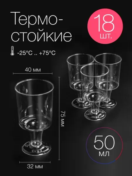 Plast Premium Рюмки одноразовые пластиковые для водки 50 мл стопки 18 шт