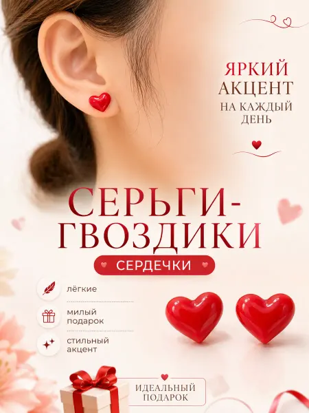 Серьги-гвоздики сердечки керамика — стильная бижутерия 2026