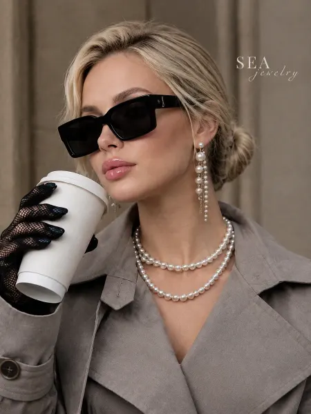 SEA JEWELRY Серьги бижутерия жемчуг длинные висячие летние