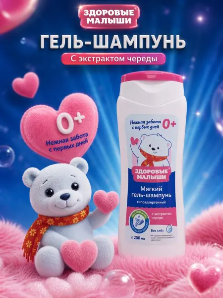 Здоровые Малыши Шампунь гель детский 2 в 1 гипоаллергенный с Чередой