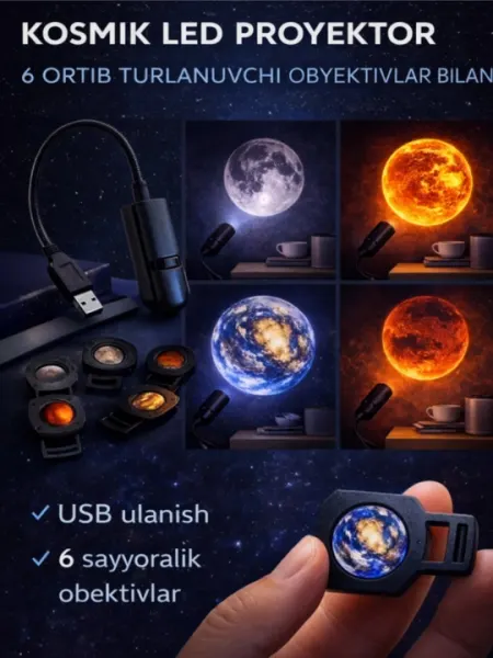 Космический LED-проектор «PLANETARIUM» с 6 сменными объективами, USB
