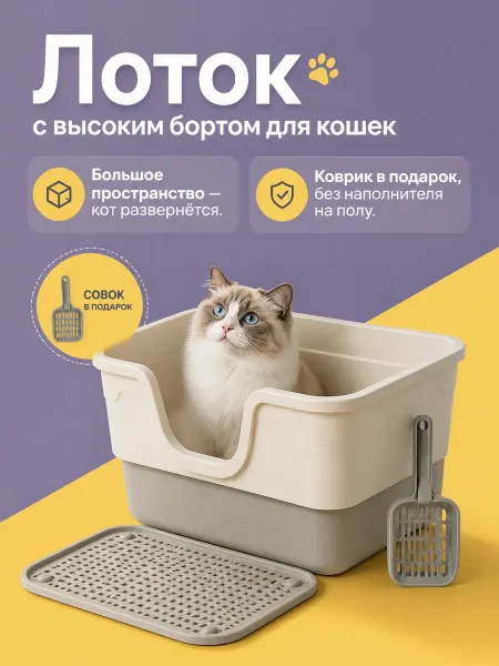 Открытый лоток для кошки с ковриком от брызг