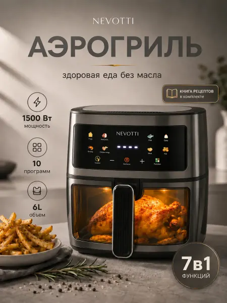 NEVOTTI Аэрогриль электрический сенсорный для дома чаша 6 литров