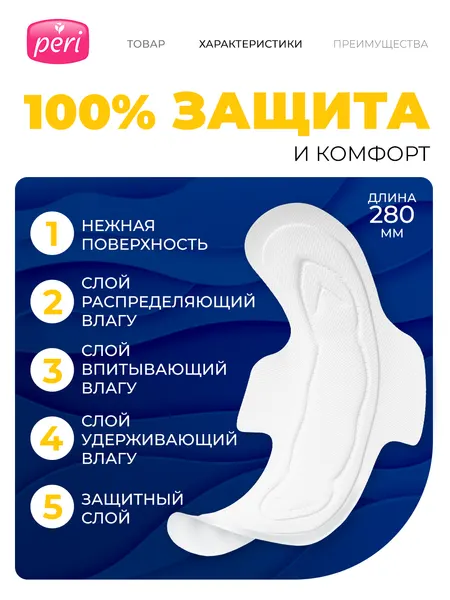 Прокладки женские Peri Ultra Night Soft, 6 капель, 8 шт