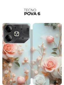 Чехол-книжка на Tecno Pova 6 с принтом "Милые розы" золотой
