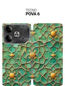 Чехол-книжка на Tecno Pova 6 с принтом "Золотистый узор" золотой