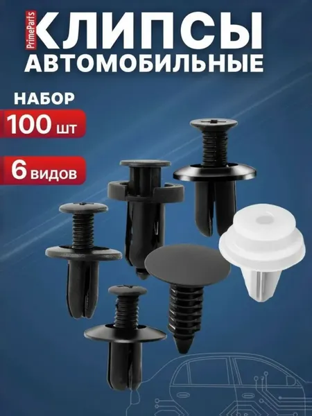 Клипсы автомобильные набор 100 шт 6 видов ваз иномарки PrimeParts, пистоны, крепежи