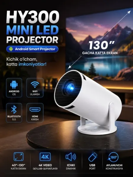 Умный проектор HY300 — Android, Wi-Fi, Bluetooth, поддержка видео 4K