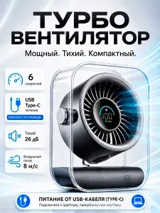 Вентилятор настольный USB: 6 скоростей, мощный, бесшумный, черный / Мини вентилятор, для офиса, для дома
