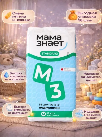 Подгузники Mama znaet Standard M 58 шт, 6-12 кг, мягкие дышащие