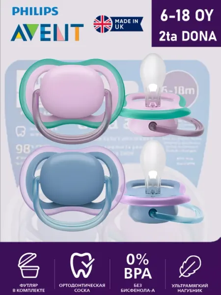 Пустышка Philips Avent ultra air, 6-18 месяцев, 2 шт