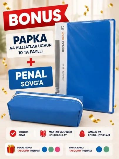 Папка-файл A4 на 10 файлов + пенал в подарок, пластиковая папка для документов