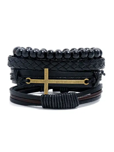 Носикулон Комплект кожаных браслетов "Brass Cross Black Rope", 4 шт