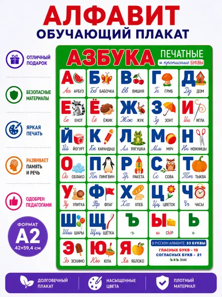 WANDM Плакат обучающий «Русский алфавит» А2, азбука для детей