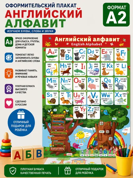 WANDM Обучающий плакат "Английский алфавит и слова"