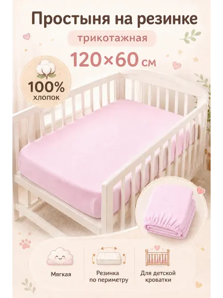 INIMI HOME Простыня на резинке 60х120 для детской кроватки, розовая