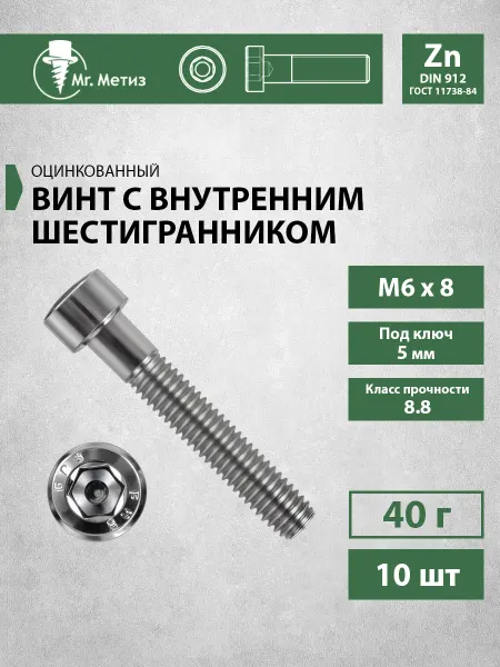 Mr. Метиз Винт М6 х 8 с внутренним шестигранником,10 шт