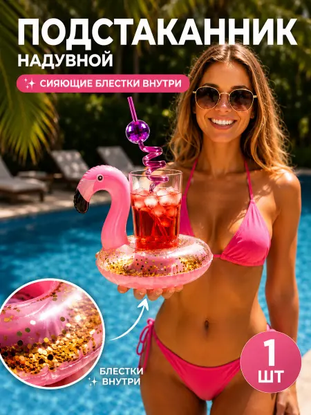 ASIANCOMSO Подстаканник надувной розовый фламинго с блестками 1 шт