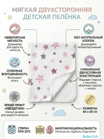 Пеленка детская непромокаемая, многоразовая, 60х50 см