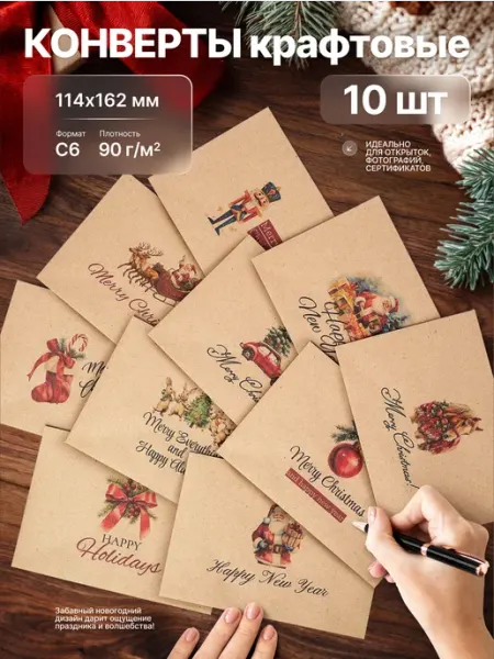 Сегодня как Король Конверты крафт почтовые новогодние 114х162 мм С6 набор 10 шт